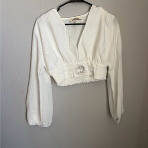 White Cropped V-Neck Long Sleeve Top with Ring Belt